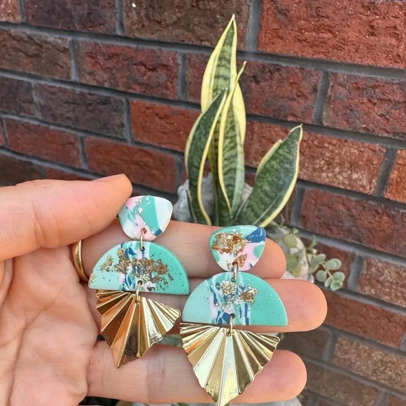 Blue Marble Gold Earrings - Picture 5 of 6